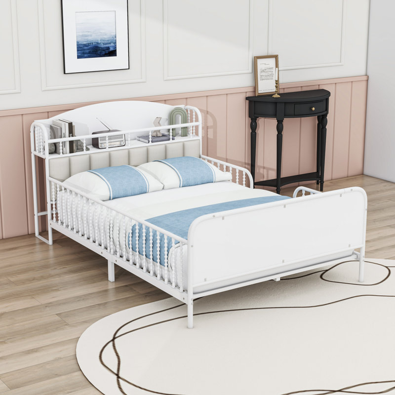 Lit plateforme en métal avec bandes claires et tête de lit tapissier, Double, Blanc