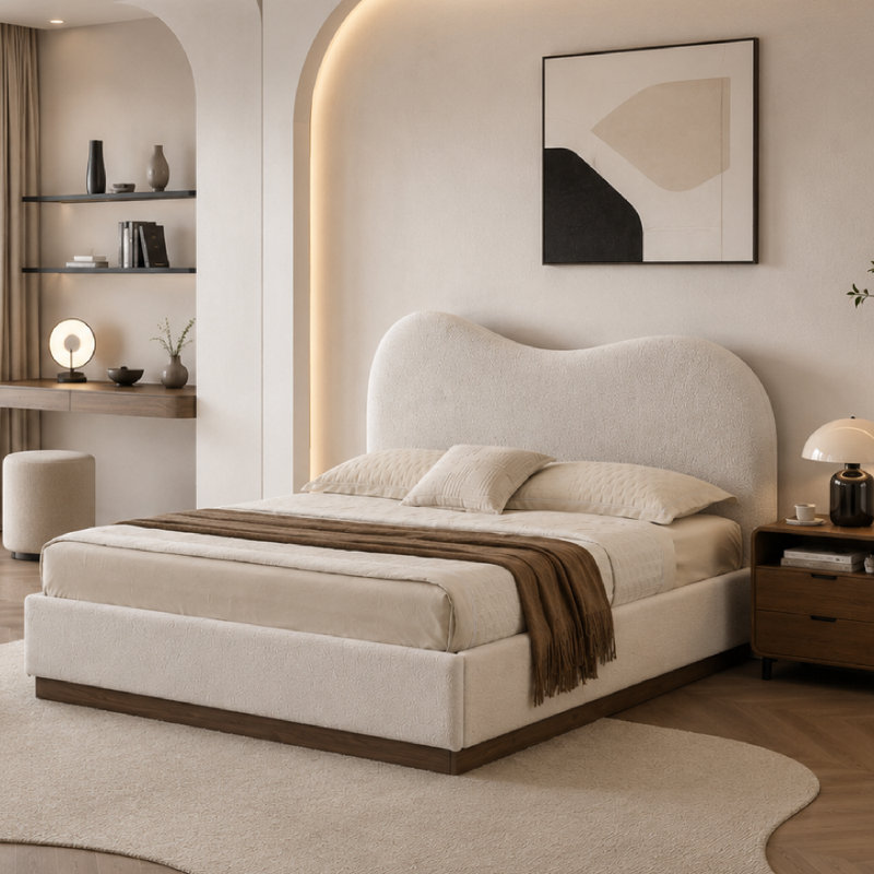 Lit plateforme courbé avec rangement, blanc, double, Full
