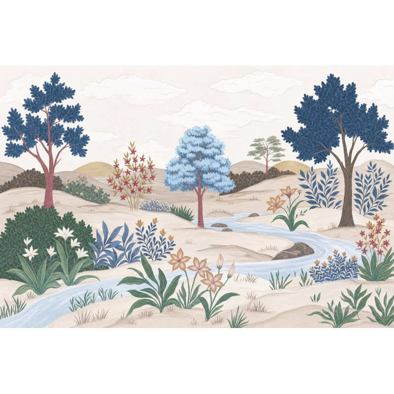 Papier peint pastoral paysage rivière flottante amovible Rolling Hills, 140"x108", Non tissé