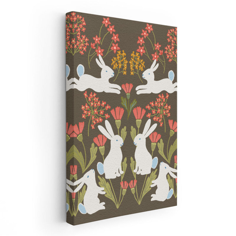 «Folk Flower and Rabbit II», reproduction d'art sur toile, H 36 po x l 24 po