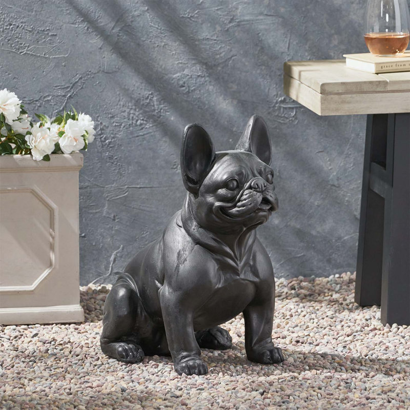 Charmante statue de bouledogue français pour jardin, noir mat, béton léger, aucun assemblage requis, idéale pour la décoration extérieure