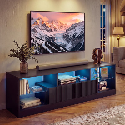 70" Fluted TV Stand, Modern Media Console with Frosted Glass Shelves, LED Light Strips & Charging Station, 2 Drawers, Entertainment Center for Living Room, Black