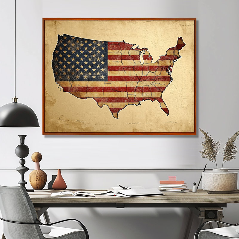 Art mural sur toile Laakkonen, drapeau rétro et carte des États-Unis, Brun, H 12 po x l 20 po, Floater Framed