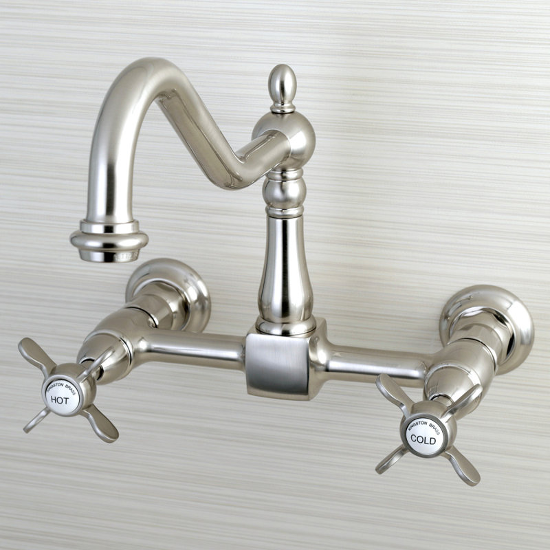 Kingston Brass Essex Double-Handle Wall-Mount Bridge Kitchen Faucet, Brushed Nickel, Without Side Spray, Cross