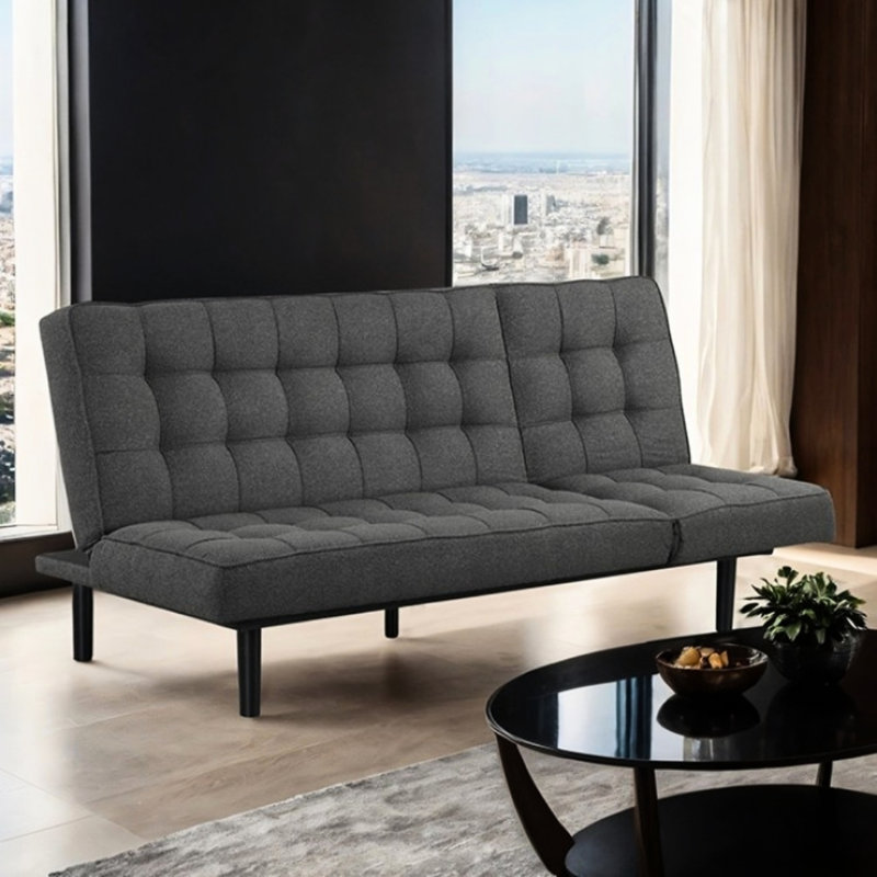 Futon convertible gris foncé avec dossier et réglable, aspect contemporain, bois massif, 2 places, convertible en dossier,