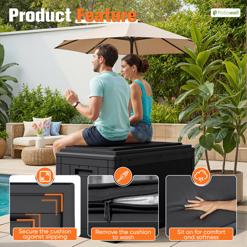 100 Gallons Water Resistant Resin Lockable Deck Box with Cushion, Black