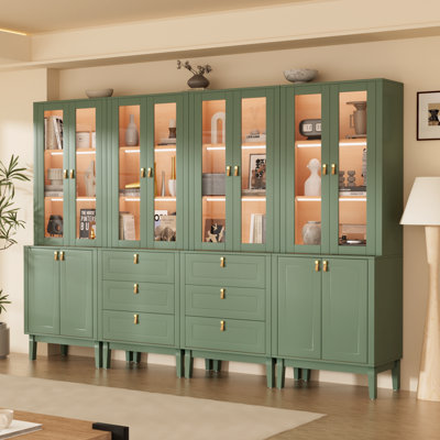  94.5" W Modular Library Bookcase with Glass Doors, LED Lighting, Brass-Colored Hardware & Genuine Leather Loop Pulls, Large Sage Green Wall Unit with Drawers and Storage Cabinets