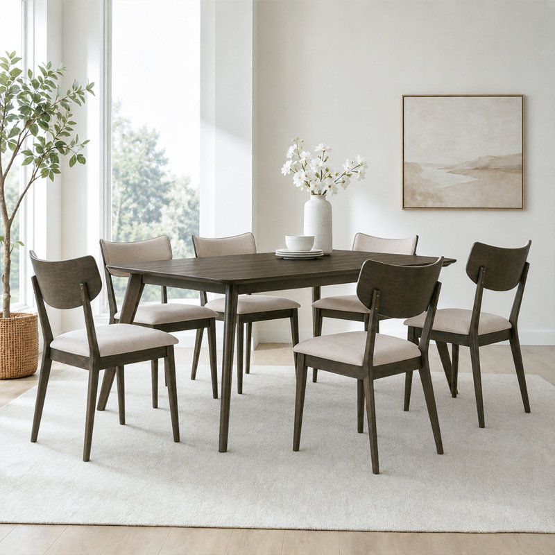 Ensemble de salle à manger 7 pièces de style Mid-Century moderne, table rectangulaire avec 6 chaises rembourrées beiges, finition noyer foncé
