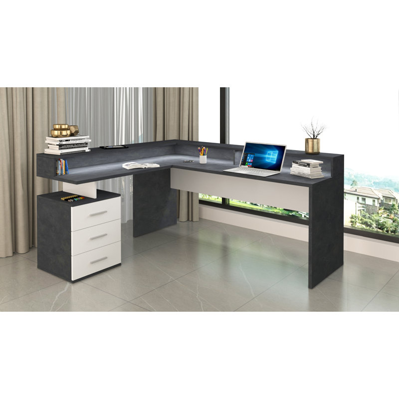 Basim L-Shaped Computer Desk, Grey/White
