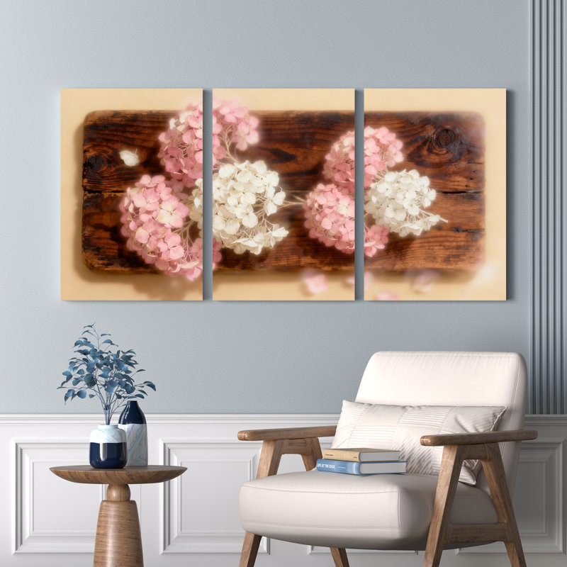 Rose et blanc, hortensia sur toile de bois rustique, impression sur toile, ensemble floral (ensemble de 3), H 18 po x l 36 po