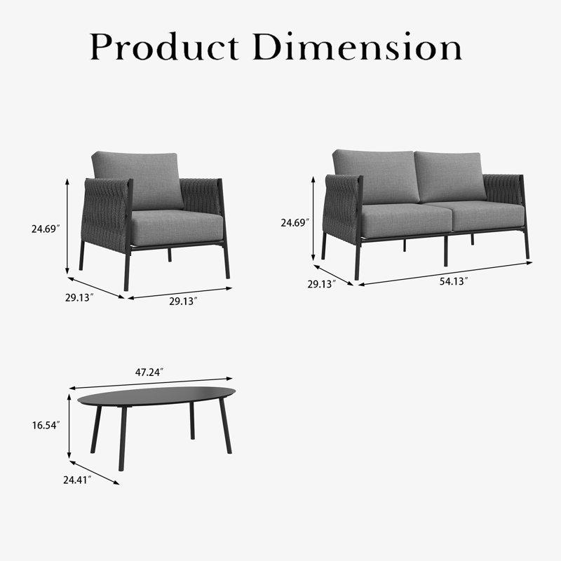 4 Piece Outdoor Furniture Set with Coffee Table, Modern Rope Woven Patio Conversation Sofa Set with Olefin Braid and Deep Seating