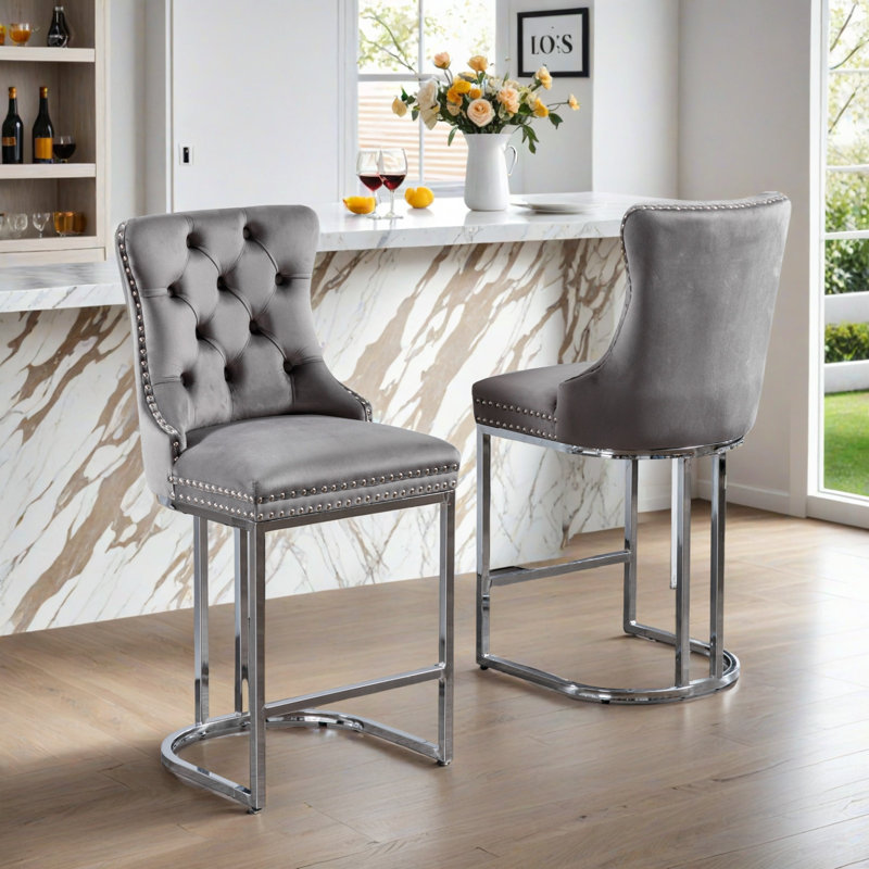 Ensemble de 2 tabourets de comptoir 26 po en velours moderne (ensemble de 2): dossier et garniture de rivets, parfait pour les îlots de cuisine