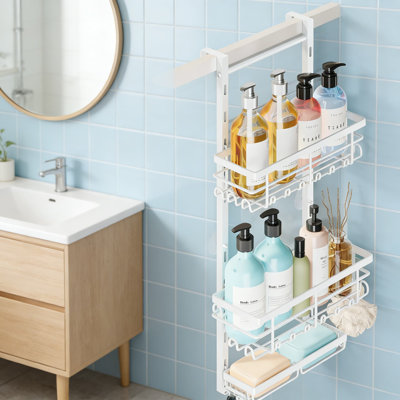 Serviteur de douche au-dessus de la porte - Organisateur de douche suspendu antirouille à 3 niveaux avec tablettes réglables, 28 crochets et porte-savon, support de rangement pour salle de bain peu encombrant