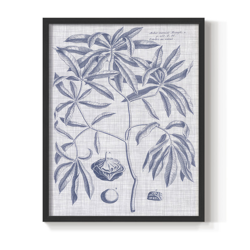 Navy & Linen Botanical V Framed Print - Solid Wood, Black, 15" H x 12" W