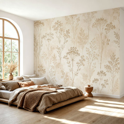 Papier peint adhésif autocollant amovible à motif de fleurs sauvages beiges et à motif floral rétro pour décoration murale H 69 po x l 96 po