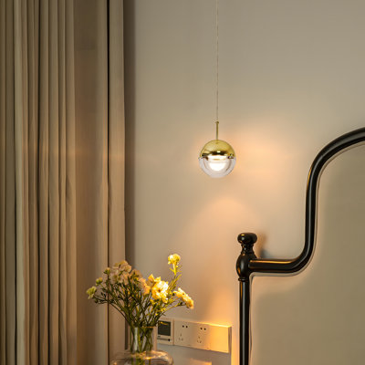 1-Light Single LED Crystal Sphere Adjustable Direction Pendant Light Titanium Gold Finish for Bedroom