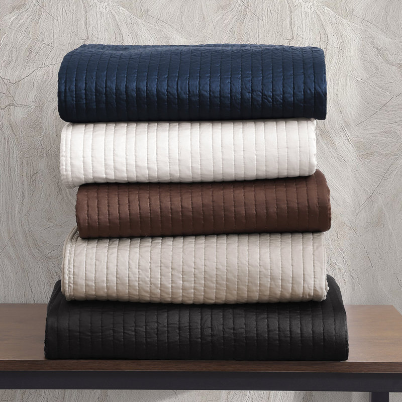Satin Channel Silky Satin Design Solid Color Classic Modern Quilt Set, Queen Quilt + 2 Shams, Brown
