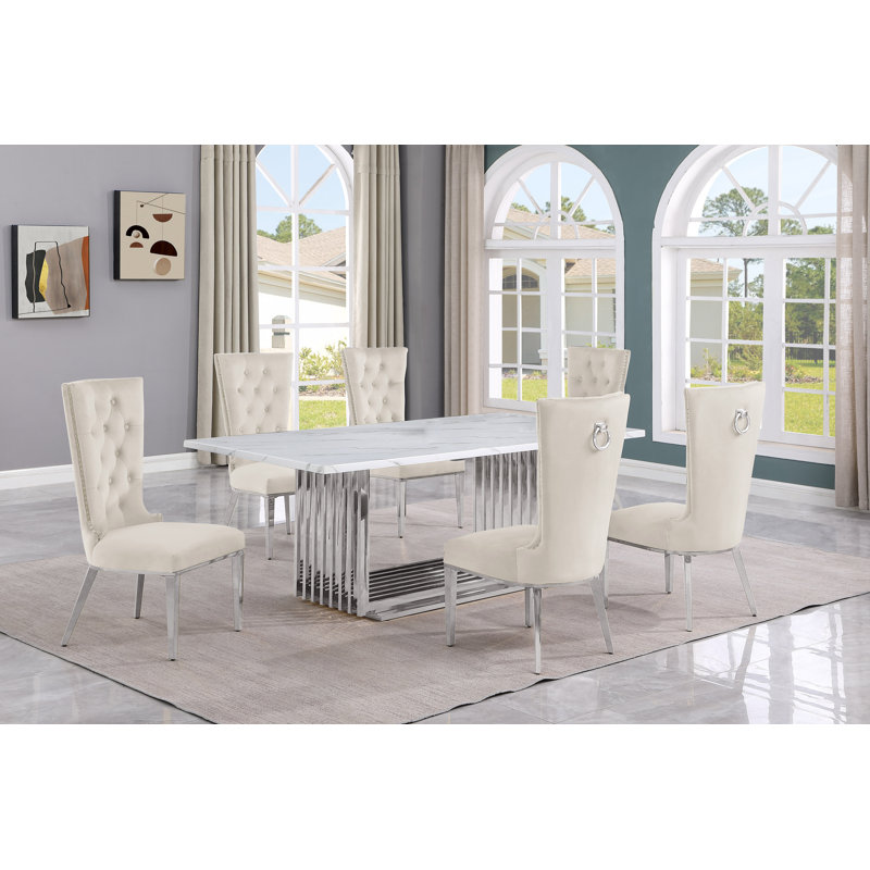 Barkhamsted Marble Top Pedestal Dining Set, Cream/Silver, 7, Silver