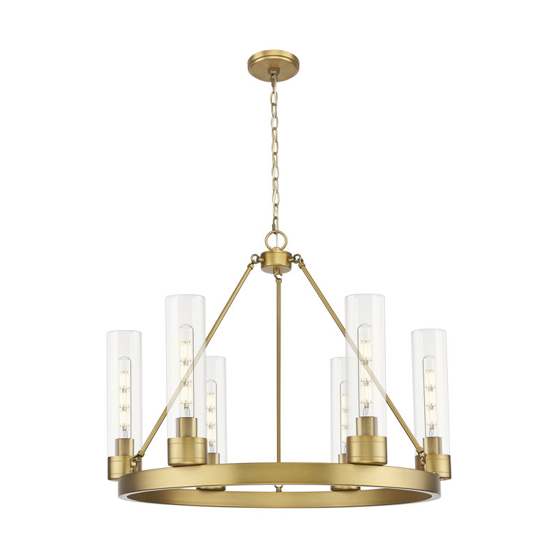 Lustre 6 lumières avec abat-jour Scherer, Laiton brossé, Clair