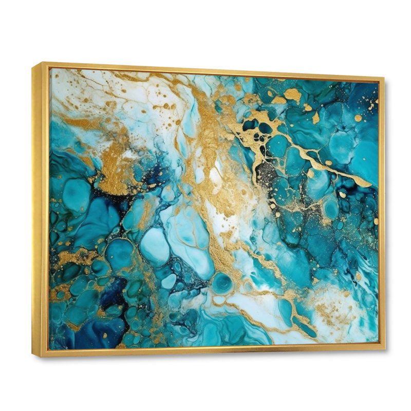 «Turquoise Luxury Abstract Fluid Art VI», reproduction d'art sur toile, H 12 po x l 20 po, Cadre flottant doré