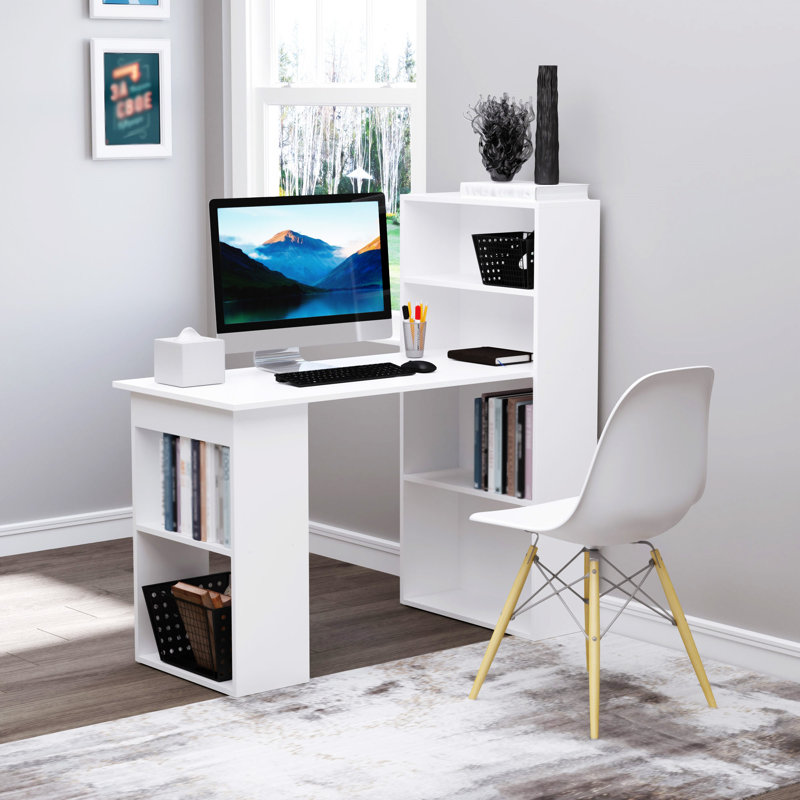 Ternes 47" Writing Table with Bookshelf, Desk with 6-Tier Storage Shelves, White