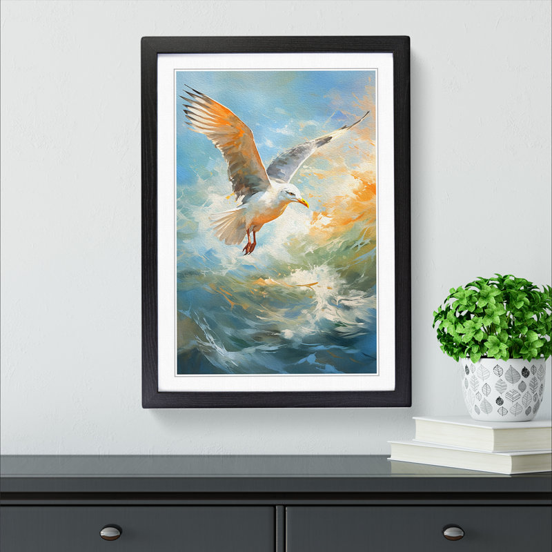 Seagull Impressionism - Single Picture Frame Print on Wood, 64cm H x 46cm W x 2cm D, Black