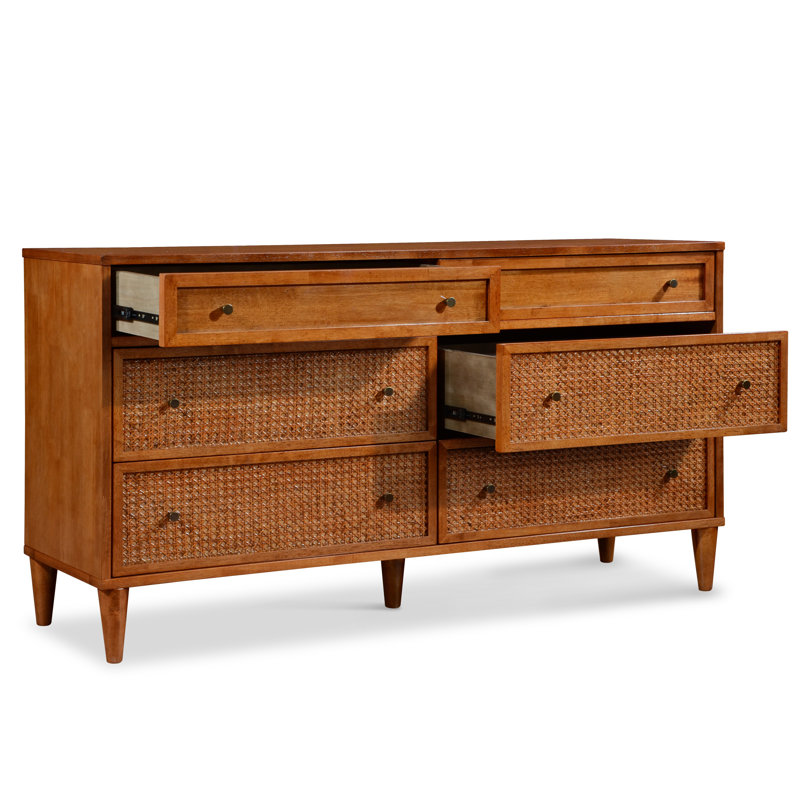 Ingraham 59.1" W Mid-Century Modern Solid Wood Cane 6-Drawer Double Dresser, Walnut
