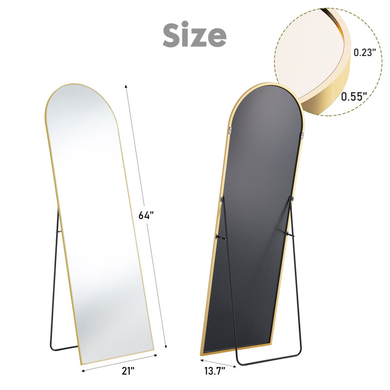 Miroir de plancher, miroir mural avec cadre mince en alliage d'aluminium, arqué, Doré, 64 po x 21 po