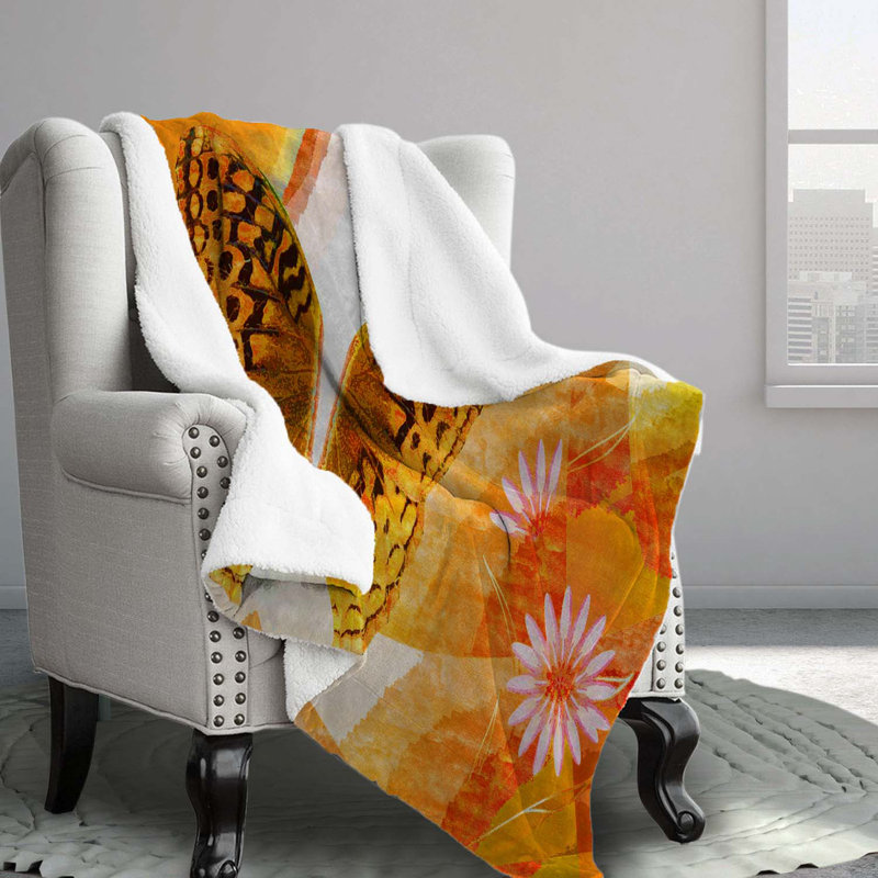 Orange Butterfly Polyester Comforter, Queen Comforter + 2 Standard Pillowcases
