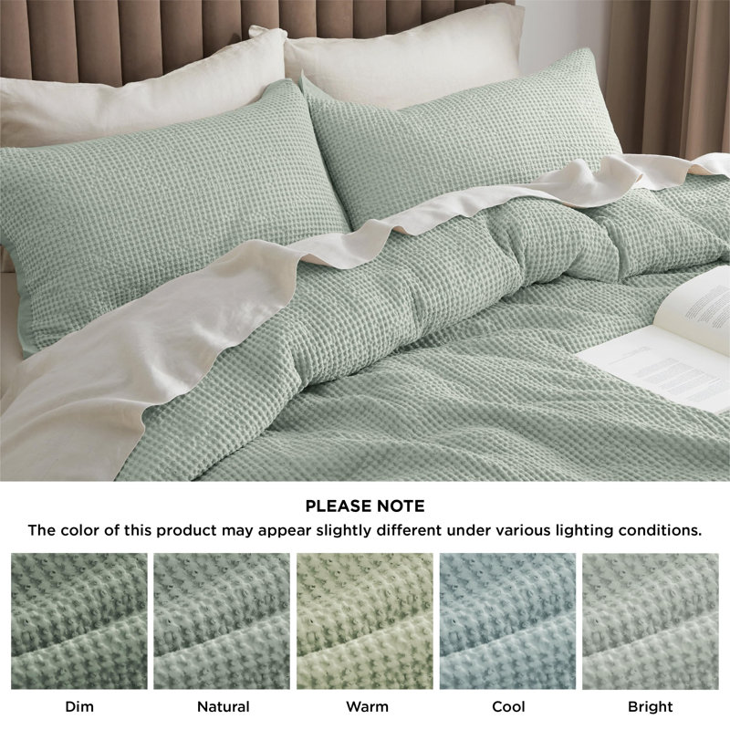 Essential Collection 100% Cotton Waffle Weave Duvet Cover Set, Sage Green, King Duvet Cover + 2 King Shams