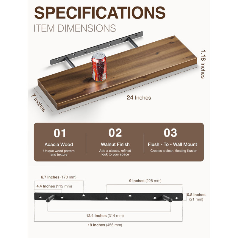 Ensemble de 2 tablettes flottantes en bois d'acacia massif - Rangement mural rustique avec supports de fixation, Marron foncé