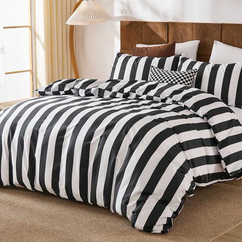 Ensemble d'édredon à rayures noires et blanches pour grand lit - Ensemble d'édredon 100% coton, ensemble de literie 3 pièces en lin de luxe pour toutes les saisons