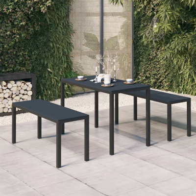 Ebern Designs 3 Piece Garden Dining Set Steel and WPC Black, 1 Table, 2 Bench