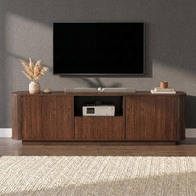70.9'' Dark Brown TV Stand For Tvs Up To 80'', Modern MDF Media Console With Storage Cabinets And Open Shelf, Wood Grain Entertainment Center