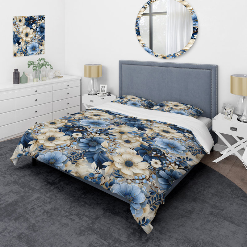 Ensemble de housse de couette blanc et bleu Ranunculus, Housse de couette pour très grand lit et 2 très