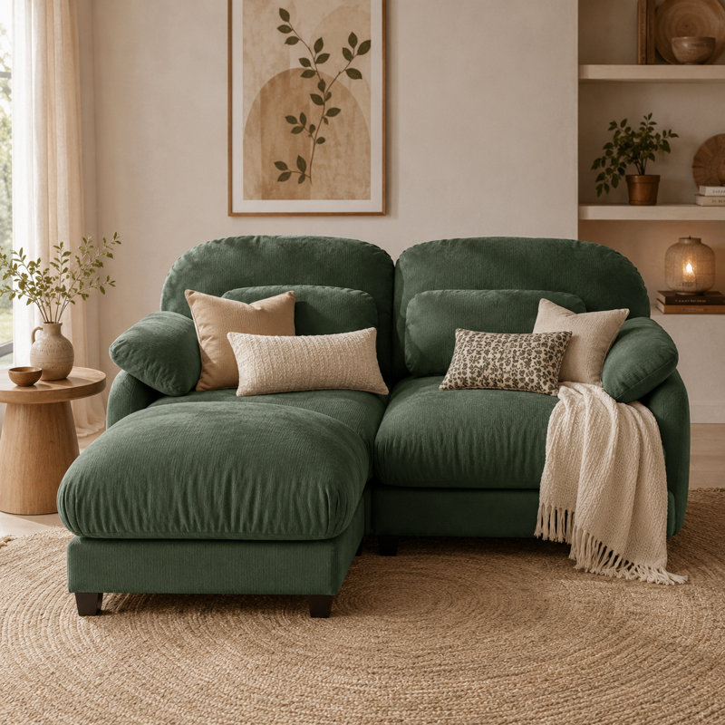 Canapé d'angle modulaire Elarquess Cloud pour 2 personnes avec pouf amovible, assise profonde en chenille, coussins en mousse haute densité et ressorts, 2 petits coussins lombaires