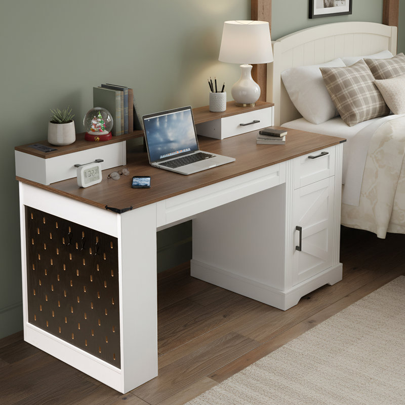 Farmhouse Office Desk With Storage Cabinet, Charging Station, Barn Door Design, Keyboard Tray, Monitor Stand And Pegboard
