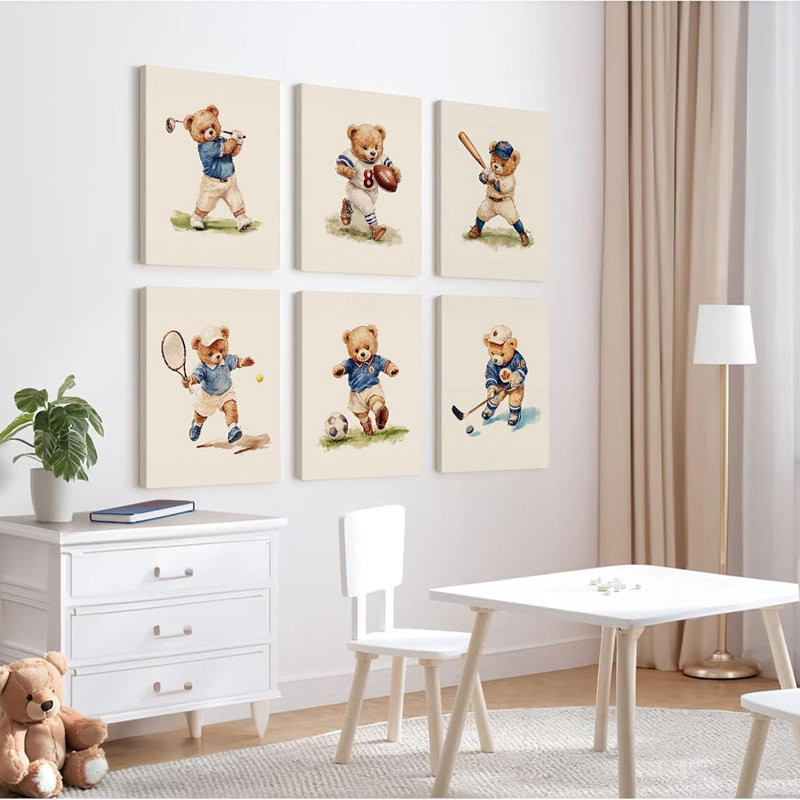 Nursery Bear Sports Wall Art Vintage Boy Room Canvas Wall Decor Baby Teddy Bear Pictures Boy Nursery Art Prints Kids Animal Poster Artwork For Toddler Bedroom Playroom 8X10 Inch Ready To Hang 6Pcs