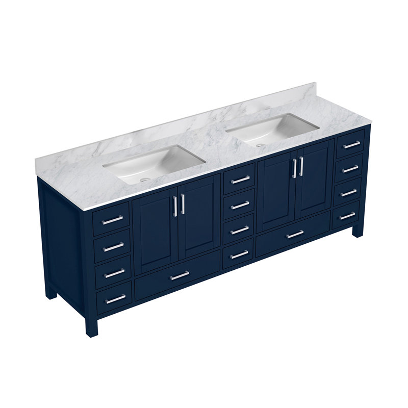 Double Bath Vanity with Carrara Marble Top, Navy Blue