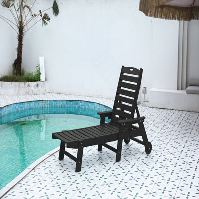 Lounge Chair Outdoor With Wood Texture,Oversized Chaise Lounge Chair With 5 Positions, HDPE, Patio Lounge Chair With Wheels & Cup Holder For Pool, Deck, Poolside
