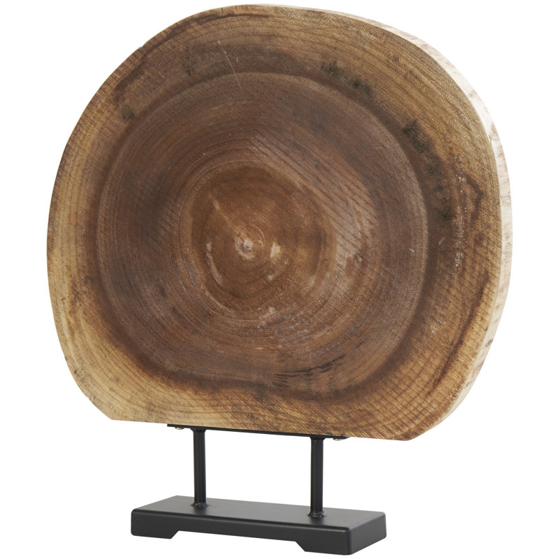 Flonnie Wood Handmade Circular Slab Tree Decorative Brown Sculpture with Black Metal Base