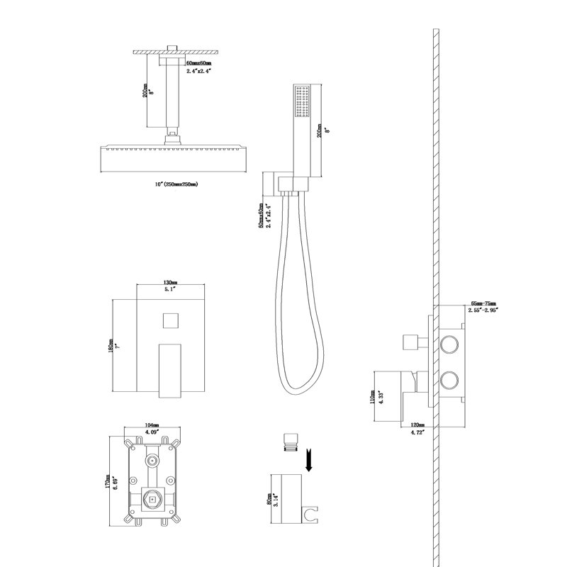 Double fonction, plafonnier, carré de 10 pouces, douche, noir mat, - valve équilibrée, réglable à 360 °, tête de pluie, système de tête de douche à main à fixation carrée noire avec fonction d'échaudage, motif et