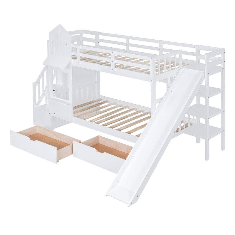 Hatina Kids Castle Style Storage Bunk Bed with Slide and Stairs, Full over Full, White