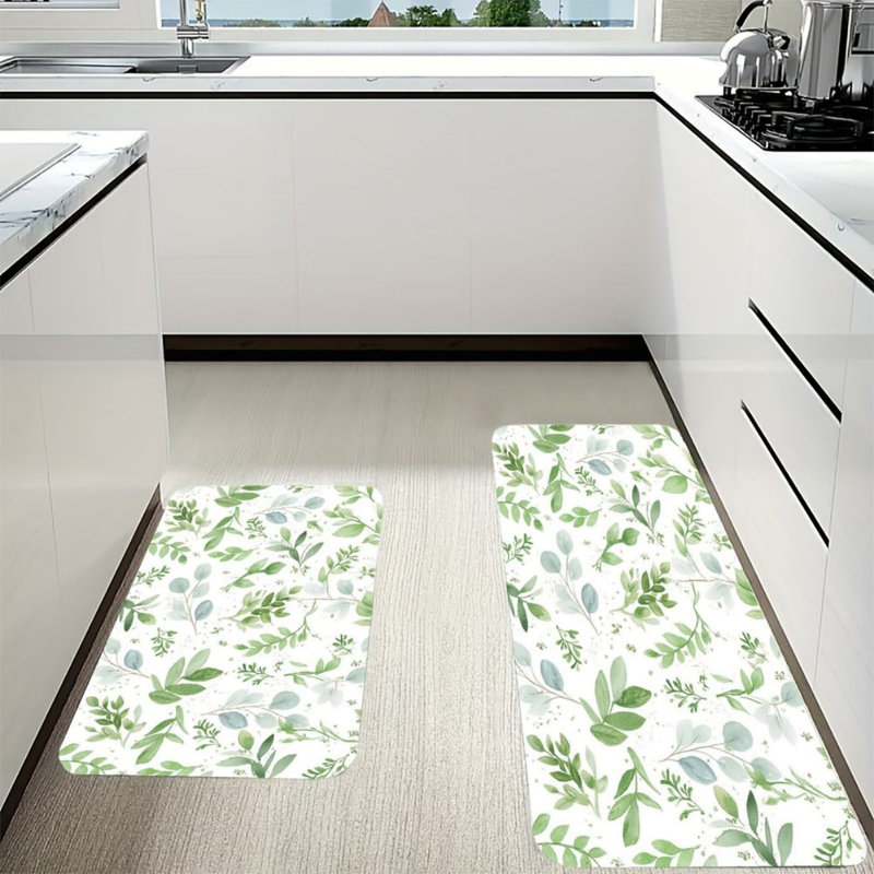 Ensemble de 2 tapis de cuisine vert aquarelle en eucalyptus pour la cuisine et la salle de bain
