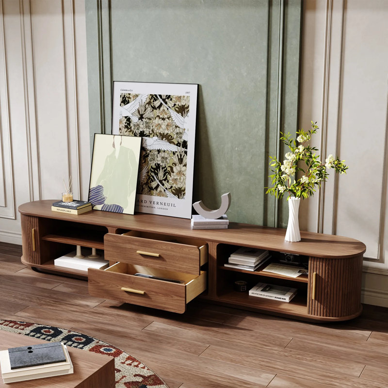 Console média minimaliste en bois avec porte à enroulement, entièrement assemblée, Brun, H 16,54 po x L 94,49 po x l 15,75 po