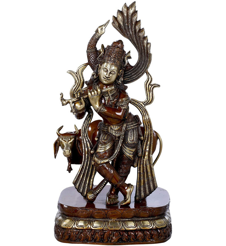 Statue paon Krishna avec une vache Surabhi