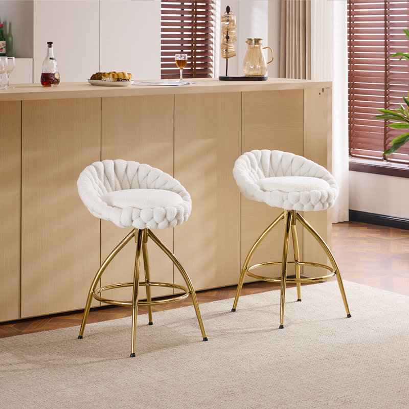 2 Piece Set Of White Swivel Bar Stools With Teddy Fleece And Electro - Plated Gold Iron Legs