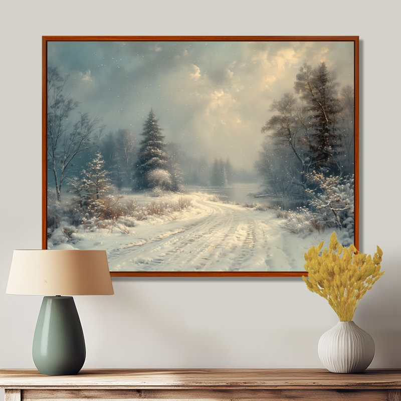 «White Grey Winter route into forest III - Winter Landscape», art mural sur toile, H 16 po x l 32 po, Cadre flottant brun