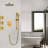 Gold Shower With Arm And Bodysprays: Natural Rainfall Head, Self-Cleaning, 11.98 In Depth, System Containing Hand Shower, Slide Bar, Bodysprays, Arm, Hose, Valve Trim, Lever Handles. Self-Cleaning