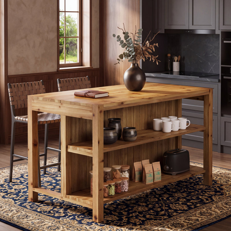 Îlot de cuisine en bois massif de 150 cm avec 2 tablettes de rangement ouvertes, table de préparation autoportante de style campagnard à hauteur du comptoir